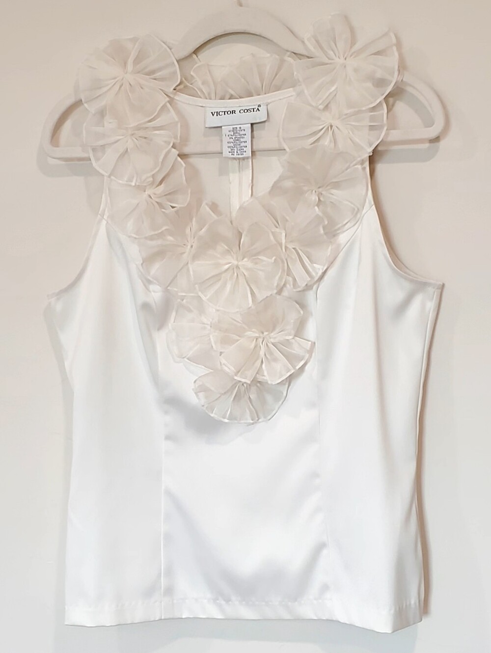 Victor Costa Vtg. Romantic Cream Satin Floret Embellished VNeck Blouse Wm's 8/10